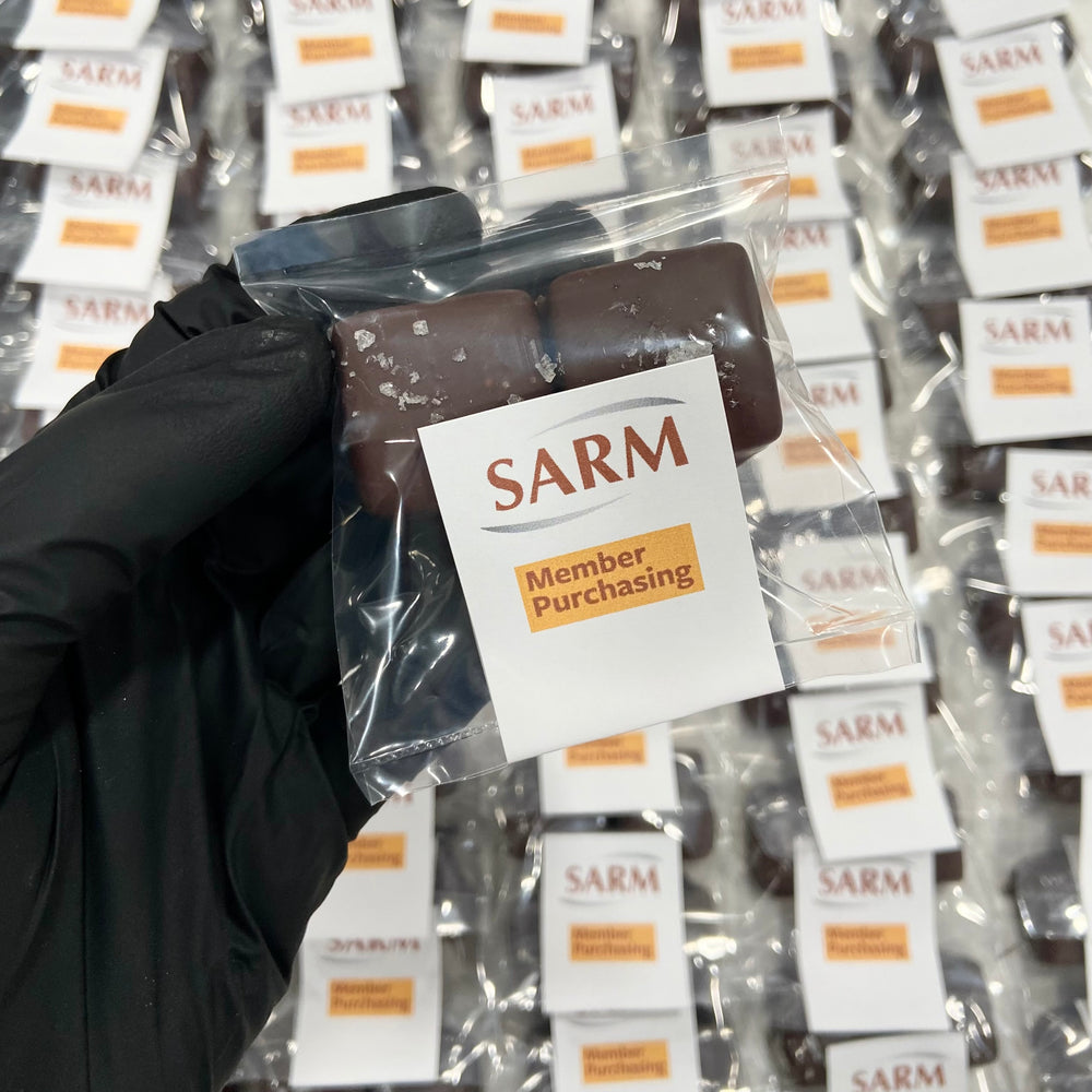 Salted Caramels in a wrapper and a SARM sticker over top.